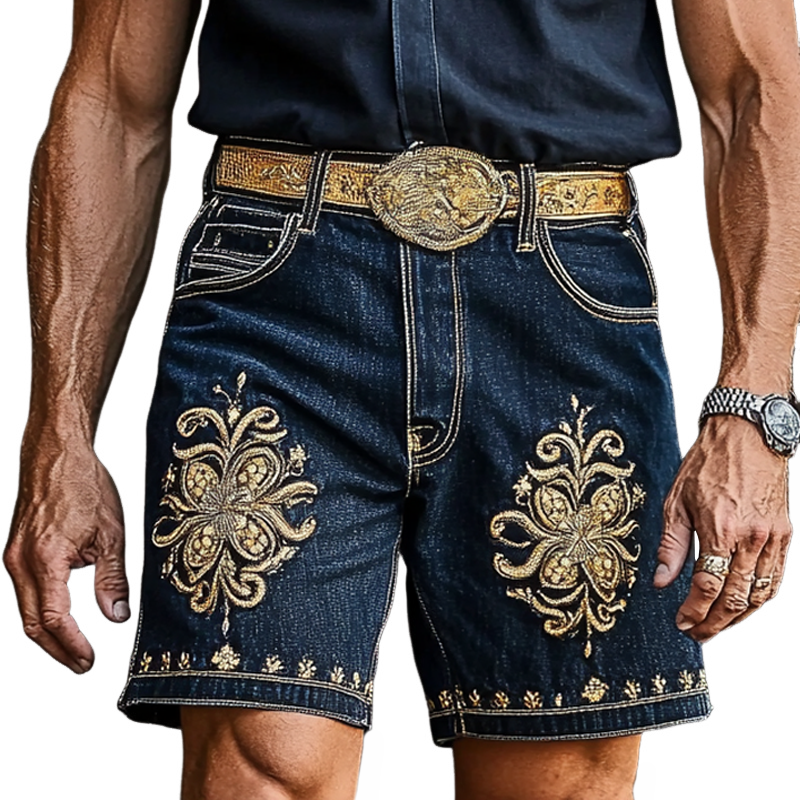 Men'S Fashion Retro Embroidered Straight Denim Shorts MTA0943E2Z