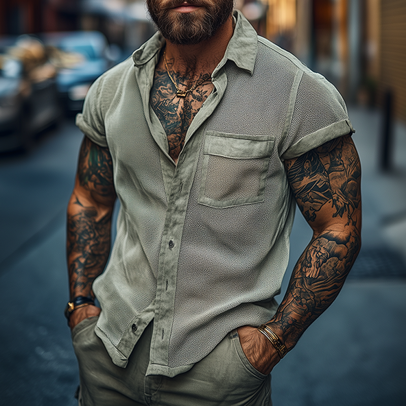 Men's Retro Mesh Splicing Lapel Short Sleeve Shirt MTA2693F9TO