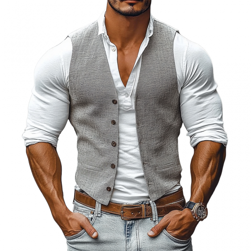 Men's Casual Breathable Linen V-Neck Single-Breasted Slim Fit Suit Vest MTA0981E7M