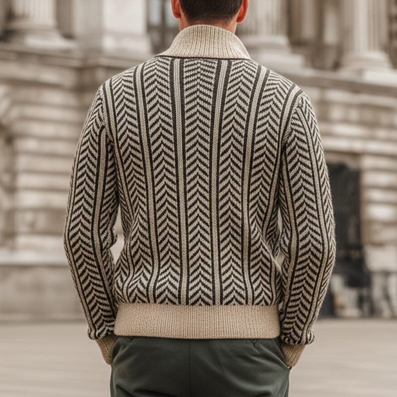 Men's Vintage Herringbone Jacquard Stand Collar Button Knit Cardigan MTA2194J0U