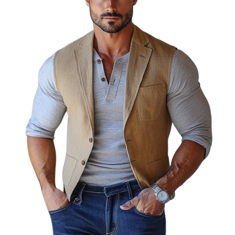 Men's Fashion Linen Lapel Multi-Pocket Single Breasted Slim Fit Vest 08404783Y