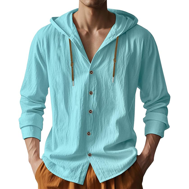 Men's Solid Color Cotton And Linen Long-Sleeved Hooded Shirt MTA2855G9P