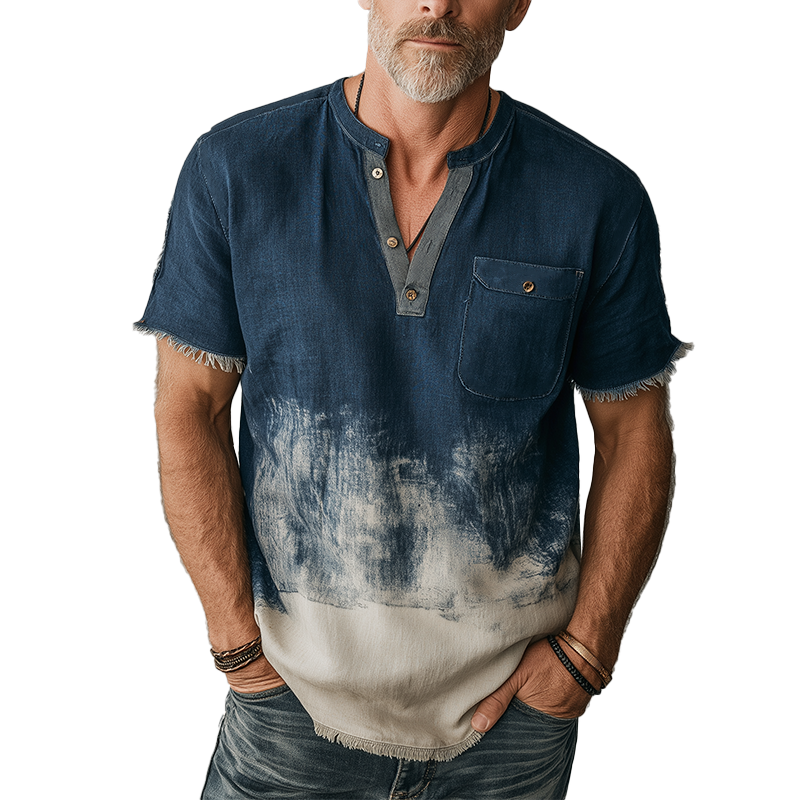 Men's Summer Fashion Gradient Printed Polyester Blended Short Sleeve Henley Shirt MTA2062F9P