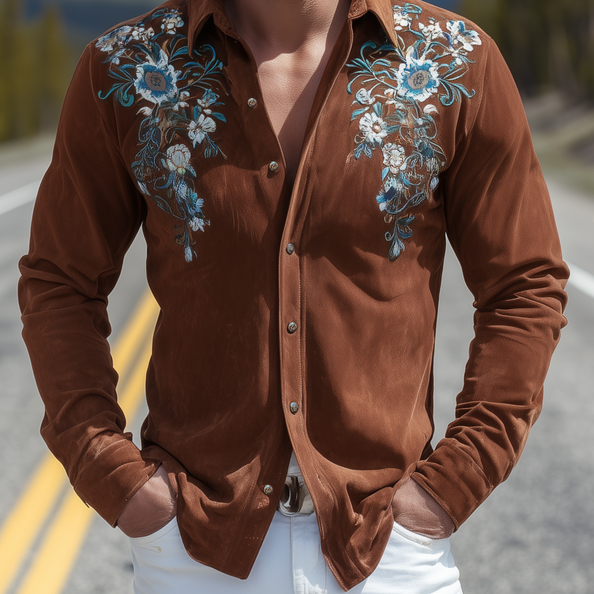 Men's Classic Retro Western Suede Embroidered Slim Fit Long Sleeve Shirt MTA1438H7K