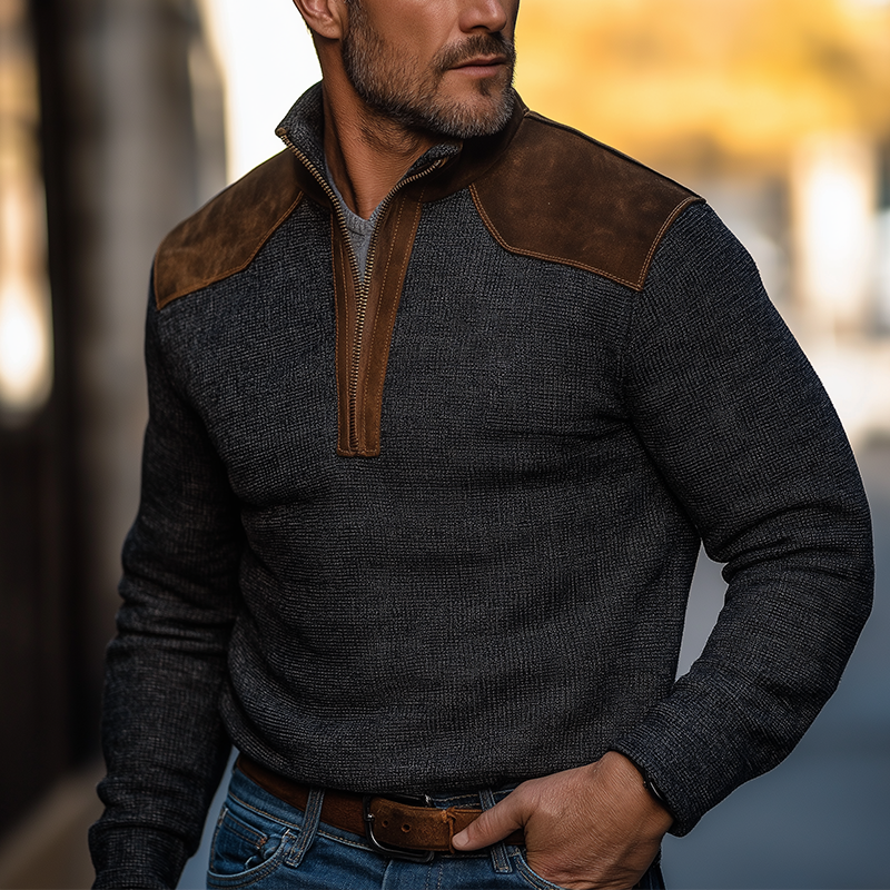 Men's Retro Checkered Faux Suede Patchwork Half-Zip High-Sleeve Sweatshirt MTA2994J2P