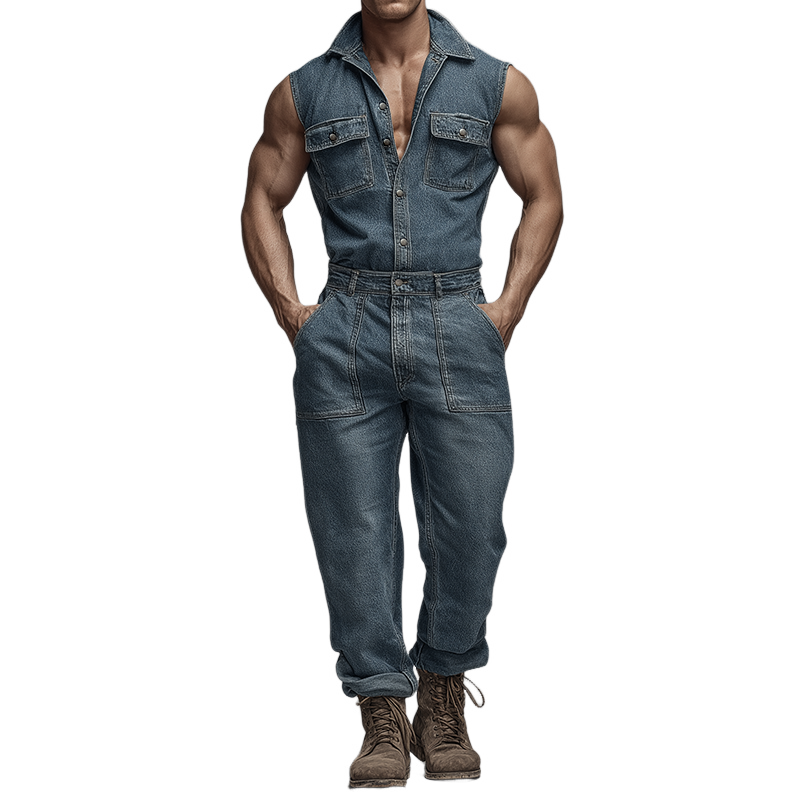 Men's Retro Casual Washed Denim Lapel Sleeveless Shirt Jumpsuit MTA0440H4TO