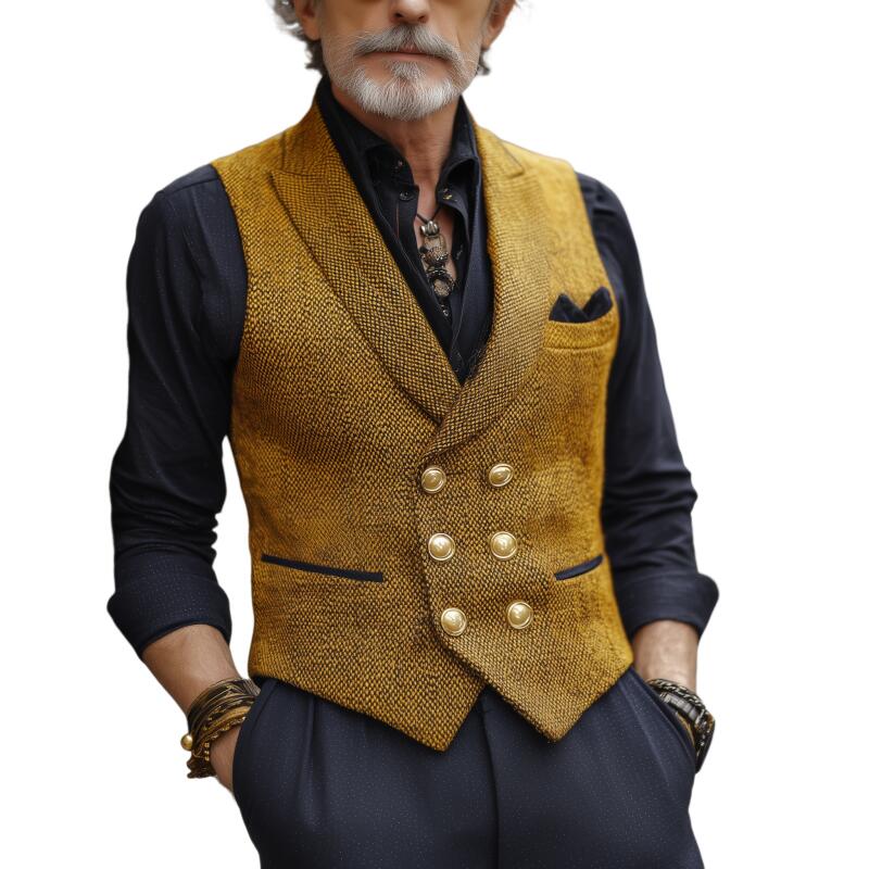 Men's Vintage Tweed Peak Lapel Double-Breasted Slim-Fit Suit Vest MTA2774H1M