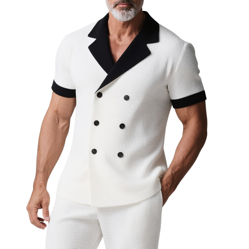 Men's Colorblock Notch Lapel Double Breasted Short Sleeve Blazer MTA2483G1Z
