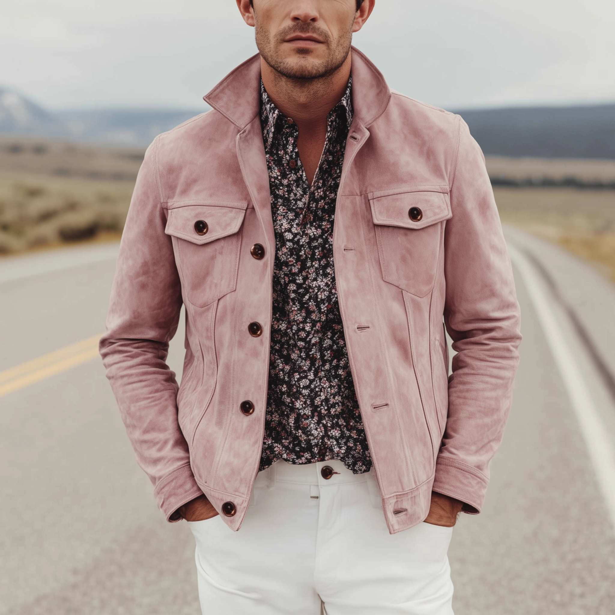 Men's Classic Casual Western Style Pink Suede Lapel Jacket MTA2709H7K