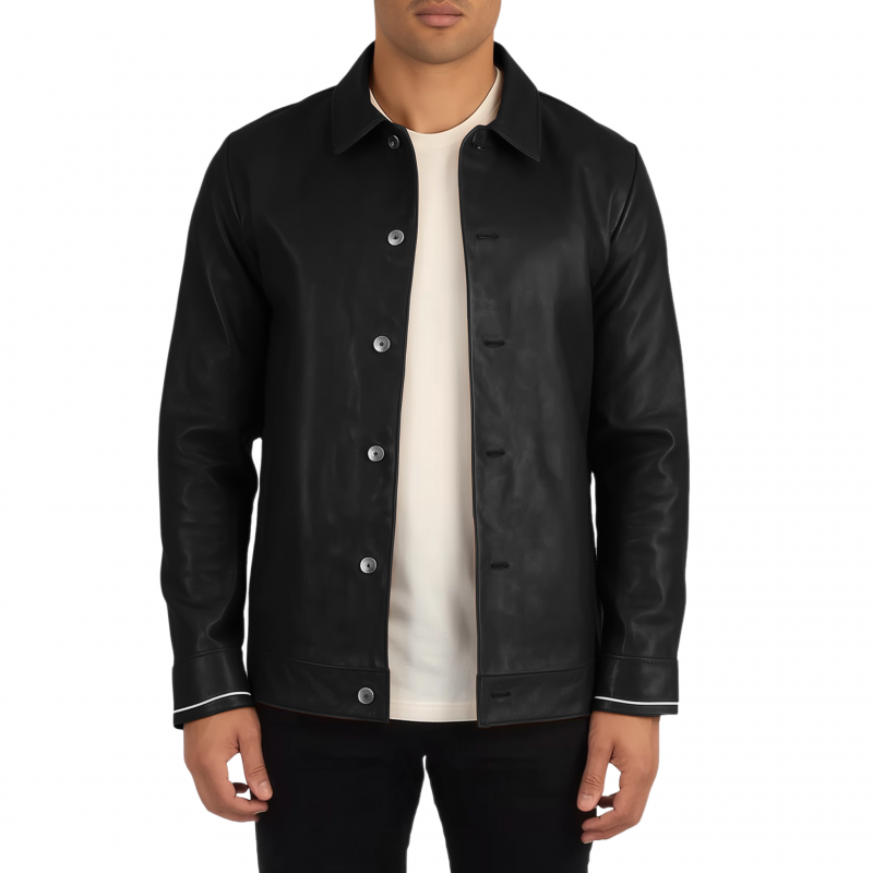 Men's Vintage Solid Color PU Lapel Single Breasted Straight Shirt Jacket MTA2309G9M