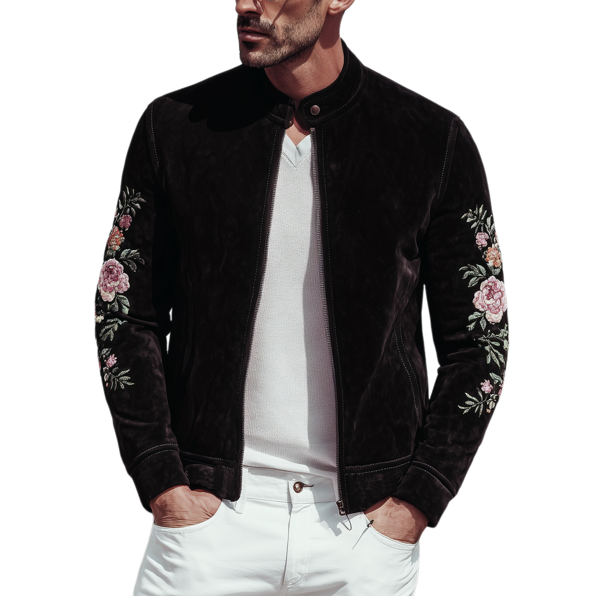 Men's Classic Vintage Stand Collar Suede Elbow Embroidery Zipper Jacket  MTA1478H9K
