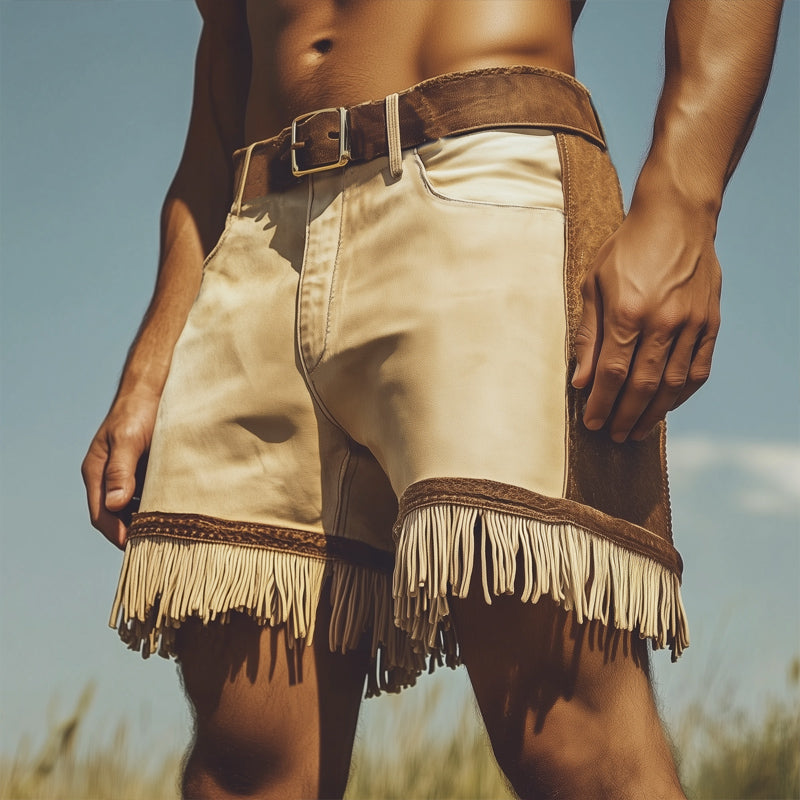Men's Summer Western Cowboy Style Colorblock Tassel Shorts MTA0793E3U