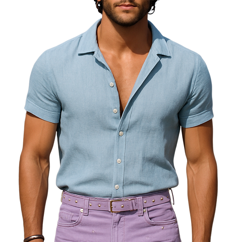 Men's Retro Casual Solid Color Linen Lapel Short Sleeve Shirt MTA2097E1TO