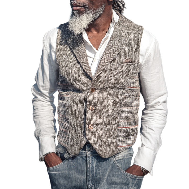 Men's Herringbone Splicing Check Notch Lapel Single-Breasted Casual Vest MTA0888I5Z