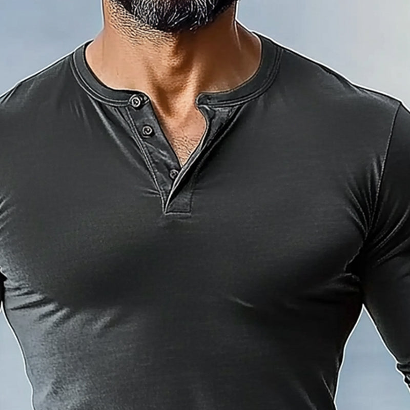 Men's Henley Collar Long Sleeve Solid Color T-Shirt 77446445X