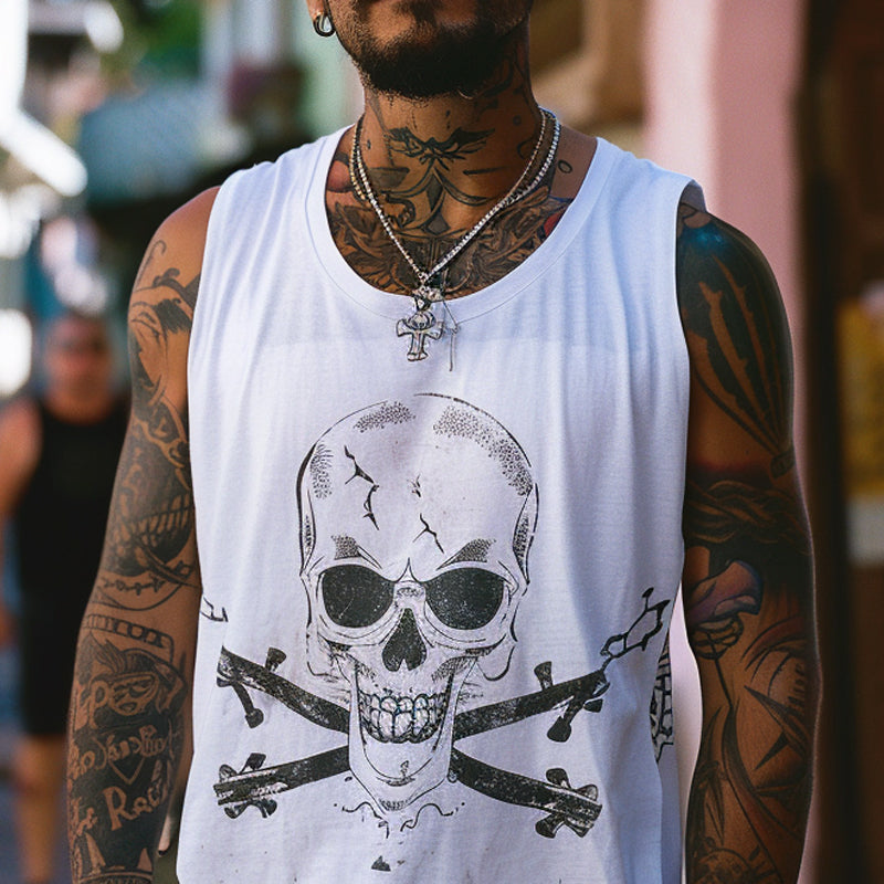 Men's Loose Skeleton Print Crew Neck Tank Top  87379303X