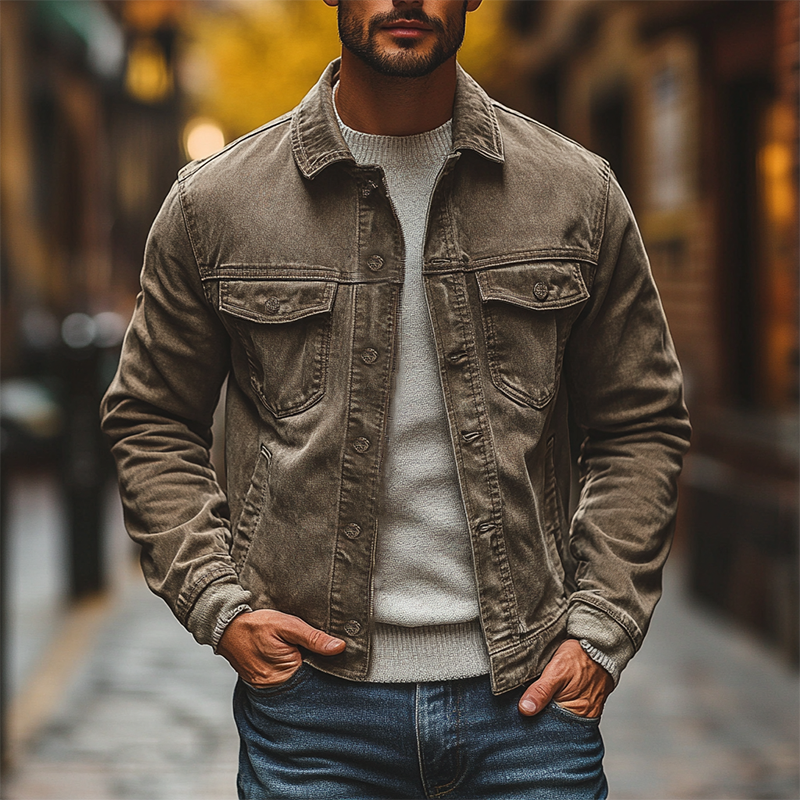 Men's Vintage Washed Distressed Collar Button Jacket MTA3081J6X