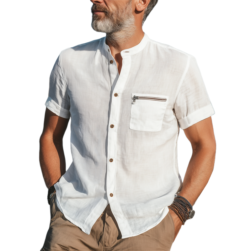 Men's Summer Basic Cotton Stand Collar Short Sleeve Shirt MTA0561G9U
