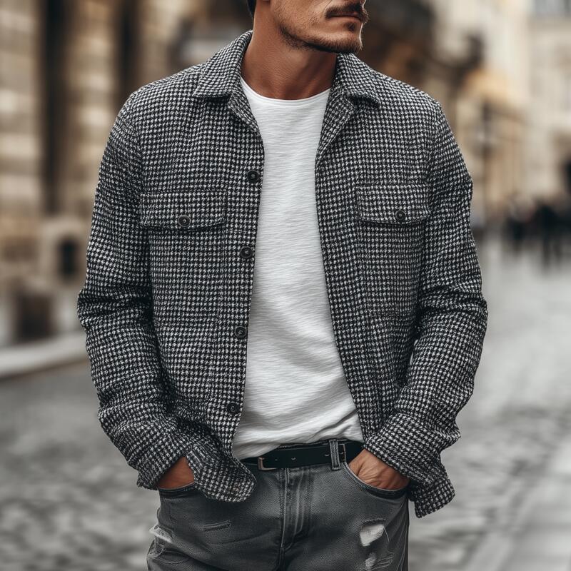 Men's Vintage Houndstooth Lapel Single-Breasted Flap Chest Pocket Loose Long Sleeve Shirt Jacket MTA2529H6M