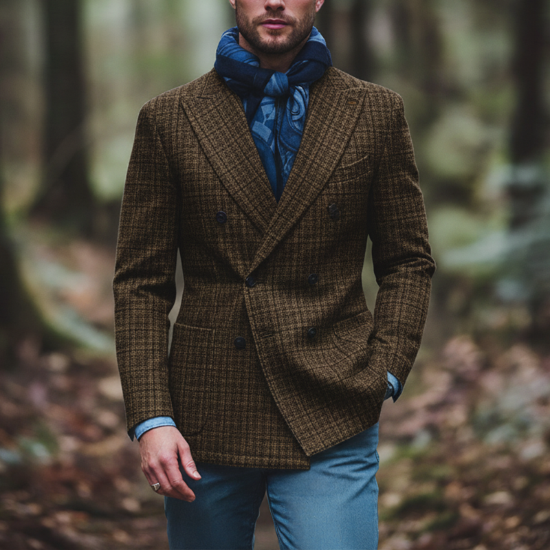 Men's Winter Retro Wool Blend Plaid Double-Breasted Suit Jacket MTA2144K7P