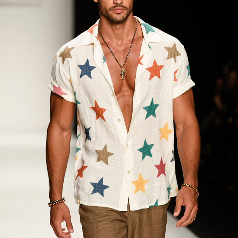 Men's Retro Casual Color Star Era Linen Lapel Short Sleeve Shirt MTA2499F1TO