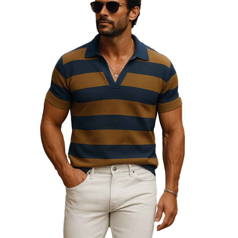 Men's Summer Cool Silk Knitted Striped Short-sleeved Polo Shirt MTA0435F1P