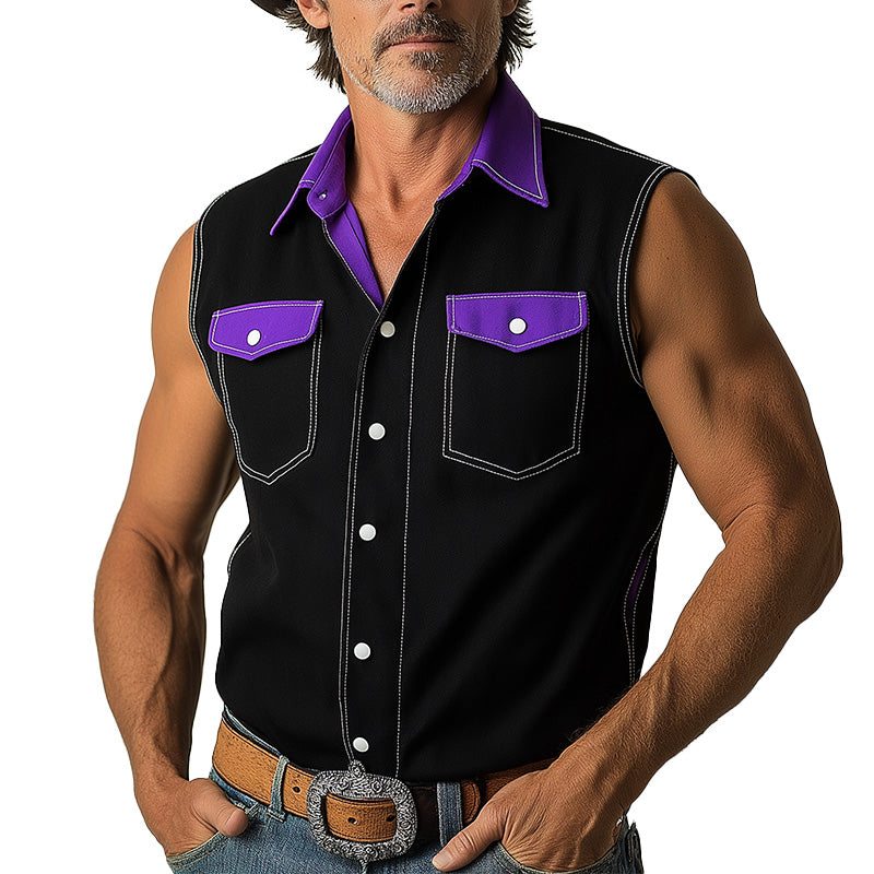 Men's Summer Western Cowboy Style Contrast Color Cotton Blended Sleeveless Shirt MTA1509E7P