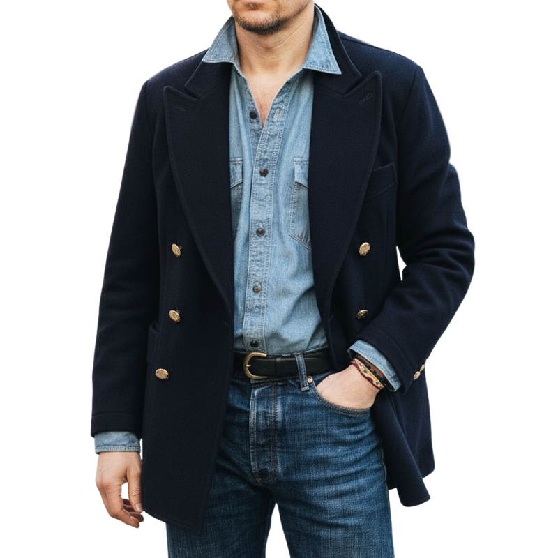 Men's Classic Navy Blue Double-breasted Short Coat MTA2481I2U