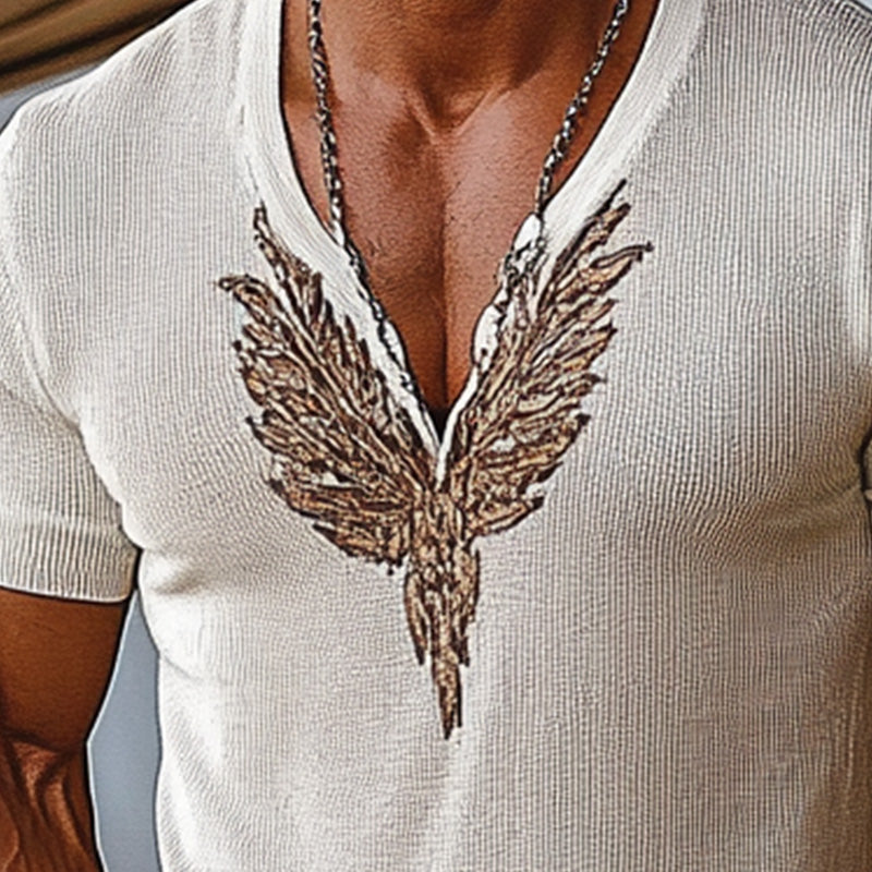 Men's Thin Knitted Printed V-Neck Short Sleeve T-shirt 26259300P