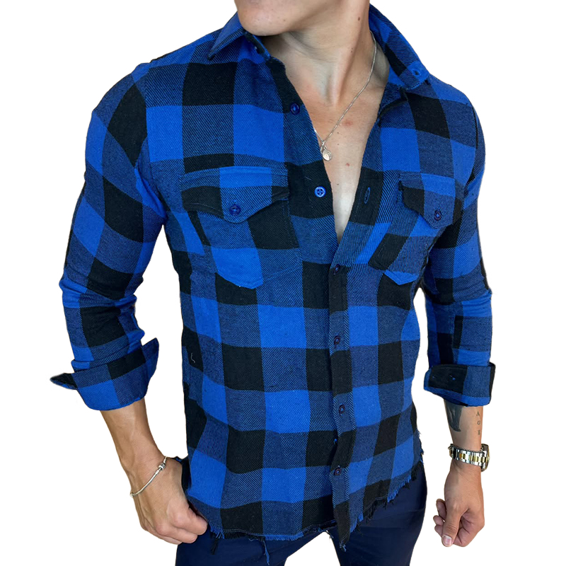 Men's Vintage Plaid Casual Pocket Lapel Long Sleeve Shirt MTA1498C2TO