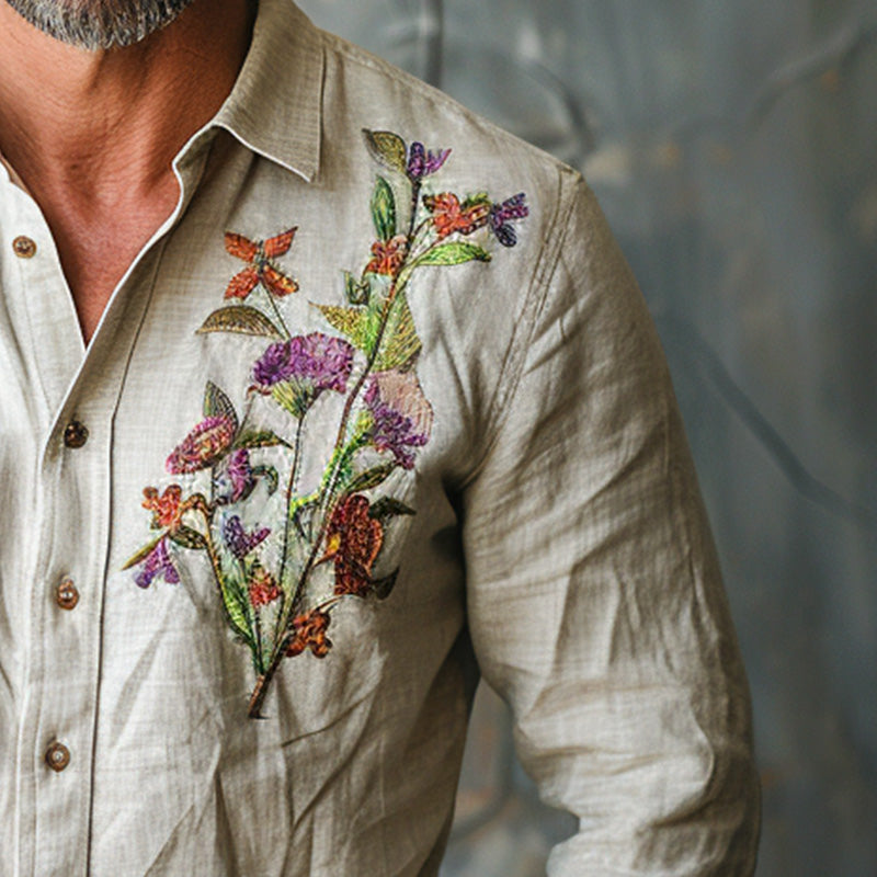 Men's Fashion Floral Embroidery Stand Collar Long Sleeve Shirt 27726358P