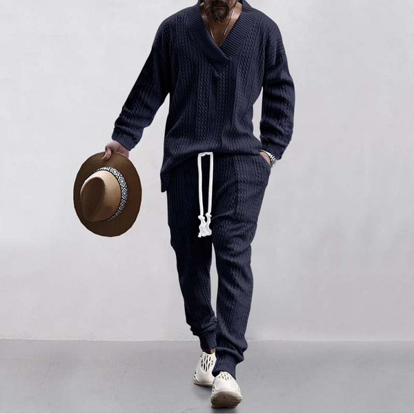 Men's Casual V-neck Versatile Jacquard Pocket Knit Loose Sweater Knitpants Set 00792924K