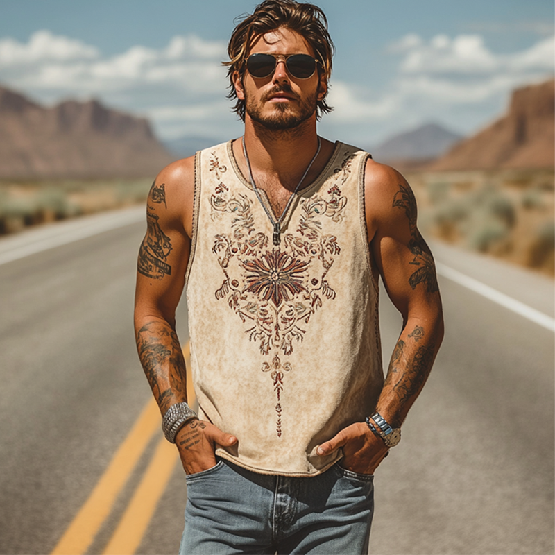 Men's Classic Casual American Western Style Suede Embroidered V-Neck Tank Top 67050763K