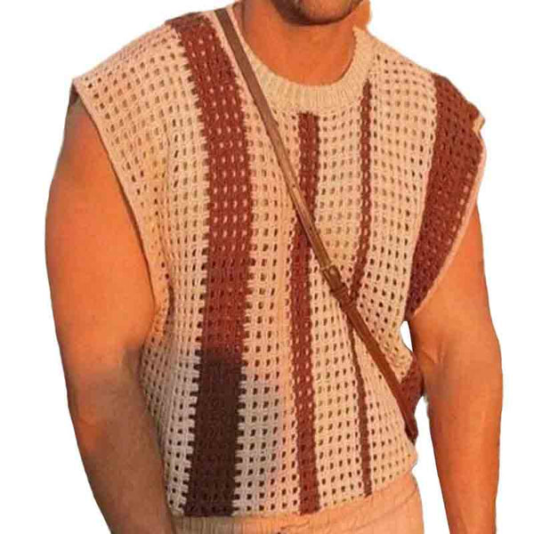 Men's Casual Round Neck Striped Hollow Knitted Tank Top 18130789M
