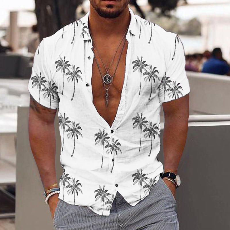 Men's Beach Hawaiian Print Kortermet Lapel Shirt 20467566X