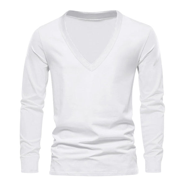 Men's Casual Solid Color Deep V-Neck Long-Sleeved T-Shirt 72728362M