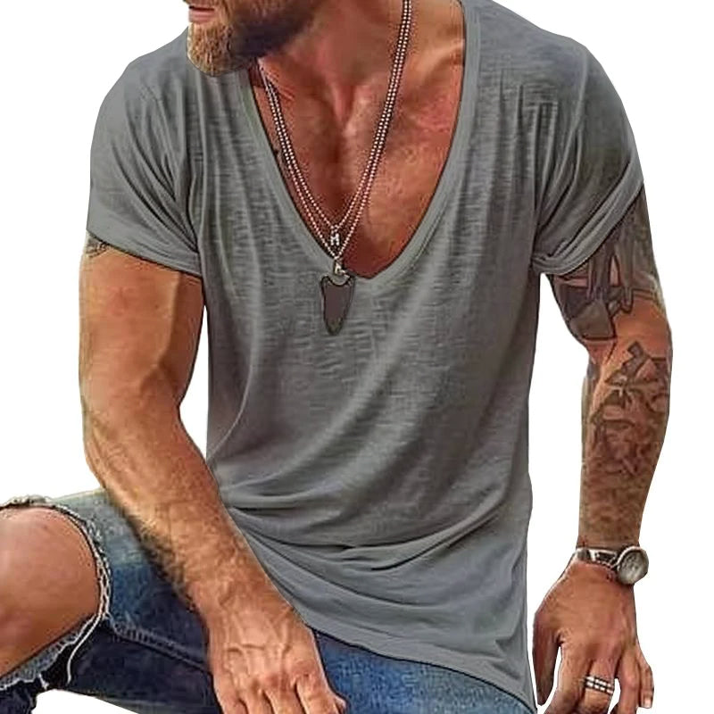 Men's Casual Cotton V Neck Short-Sleeved T-Shirt 00121855M