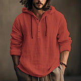 Men's Casual Solid Color Cotton Linen Hooded Long Sleeve Pullover Shirt 13517489M