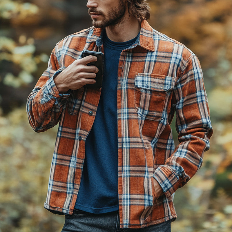 Men's Casual Orange Plaid Button-Down Long Sleeve Shirt 72441720U