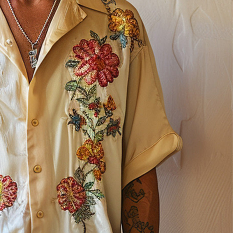 Men's Fashion Suit Collar Tencel Embroidery Short Sleeve Shirt 00400652P