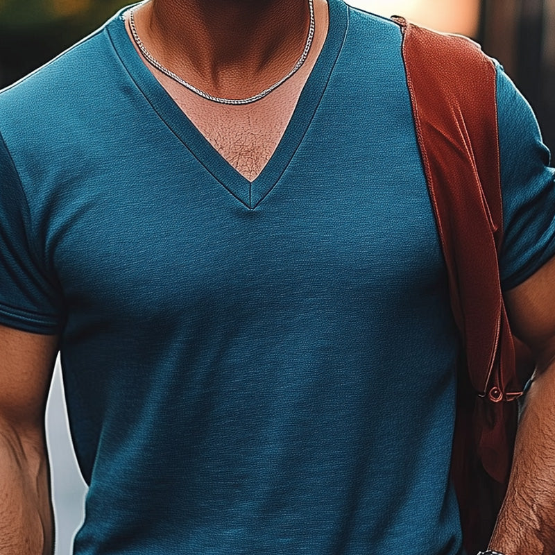 Men's Blue Simple Slim Fit V-neck Short-sleeved T-shirt 39234437P