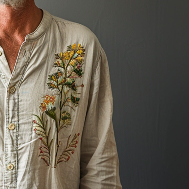 Men's floral embroidered round neck long sleeve shirt 40790397P