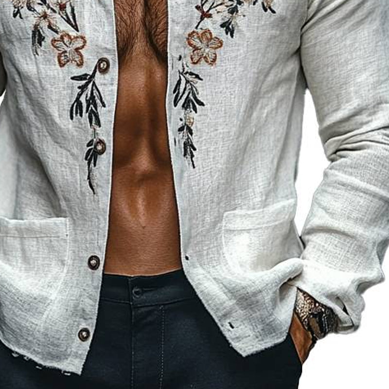 Men's Vintage Floral Embroidery Long Sleeve Light Jacket 10656738X