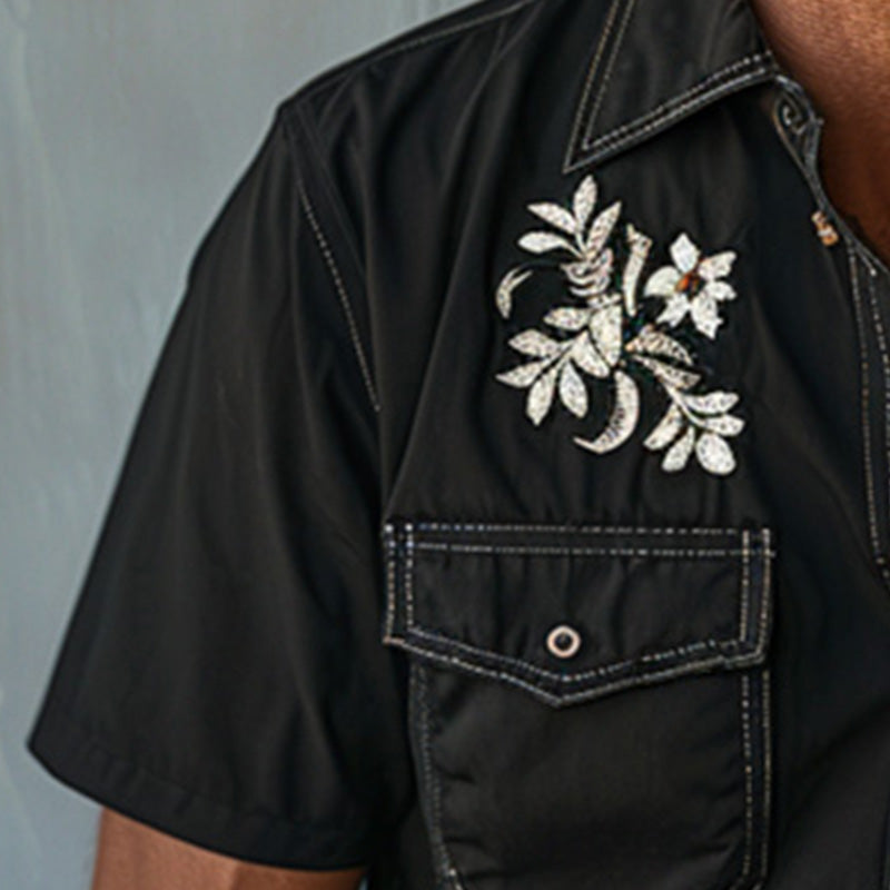 Men's Light Denim Embroidered Short Sleeve Shirt 30141725P