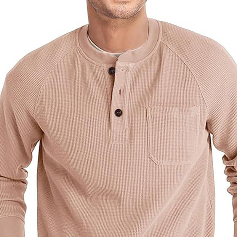 Men's Casual Pit Grid Button Round Neck Long Sleeve T-Shirt 15785328U