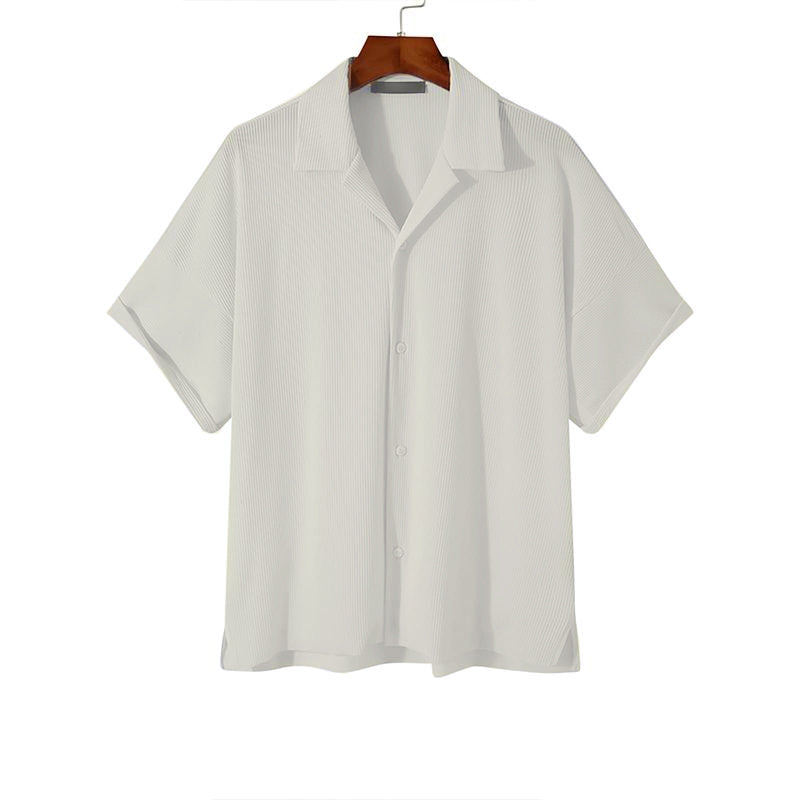 Men's Solid Striped Loose Lapel Short Sleeve Shirt 66620185Z