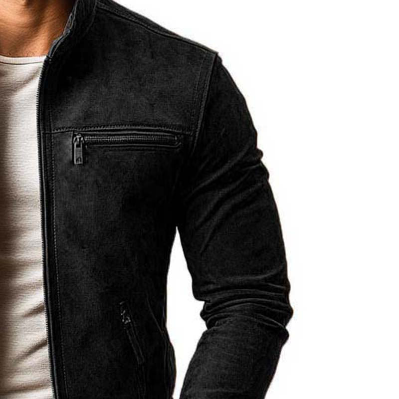 Klassische, lässige Wildlederjacke für Herren im Slim Fit mit Reißverschluss und mehreren Taschen, Stehkragen, 21868311K