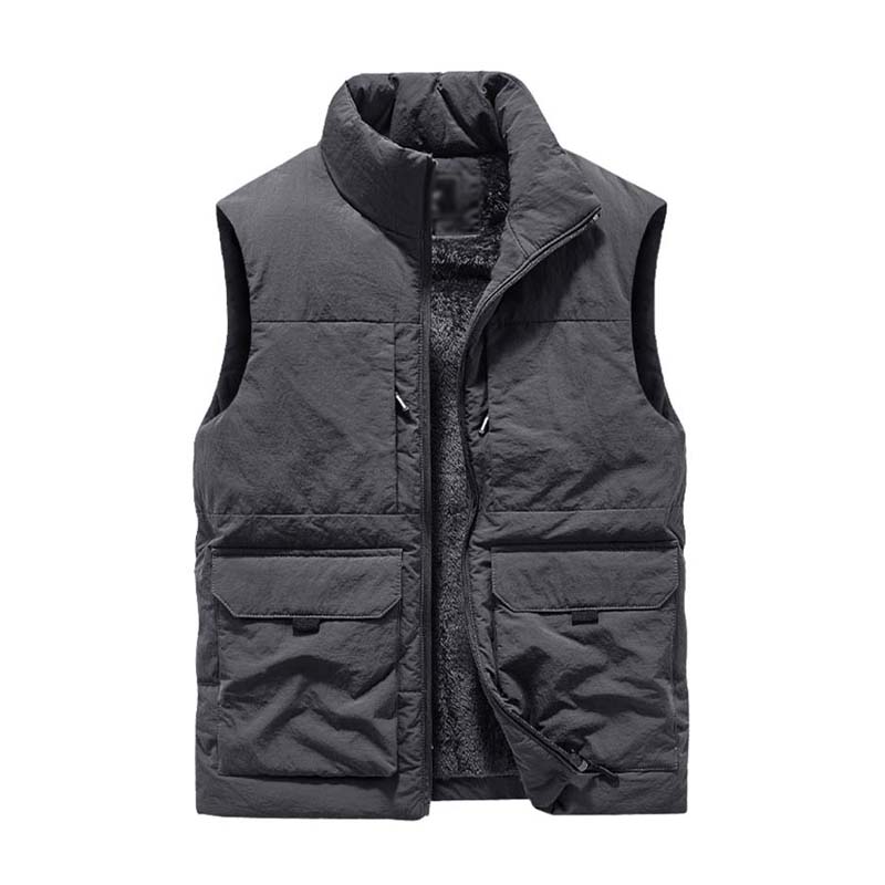 Men's Casual Fleece Stand Collar Thick Workwear Multi-pocket Vest 87500241K