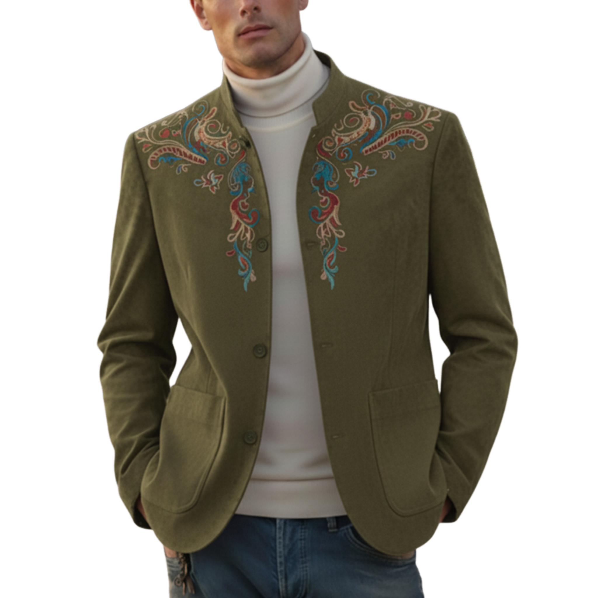 Men's Classic Retro Western Style Stand-up Collar Embroidered Faux Suede Jacket MTA1194K5K