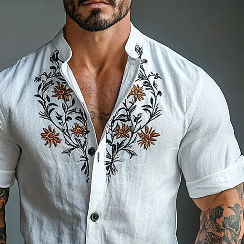 Men's Vintage Embroidered Floral Stand Collar Short Sleeve Shirt 82181339X